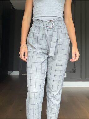 Dynamite Light Gray Plaid Paperbag Trousers with D-Ring Belt